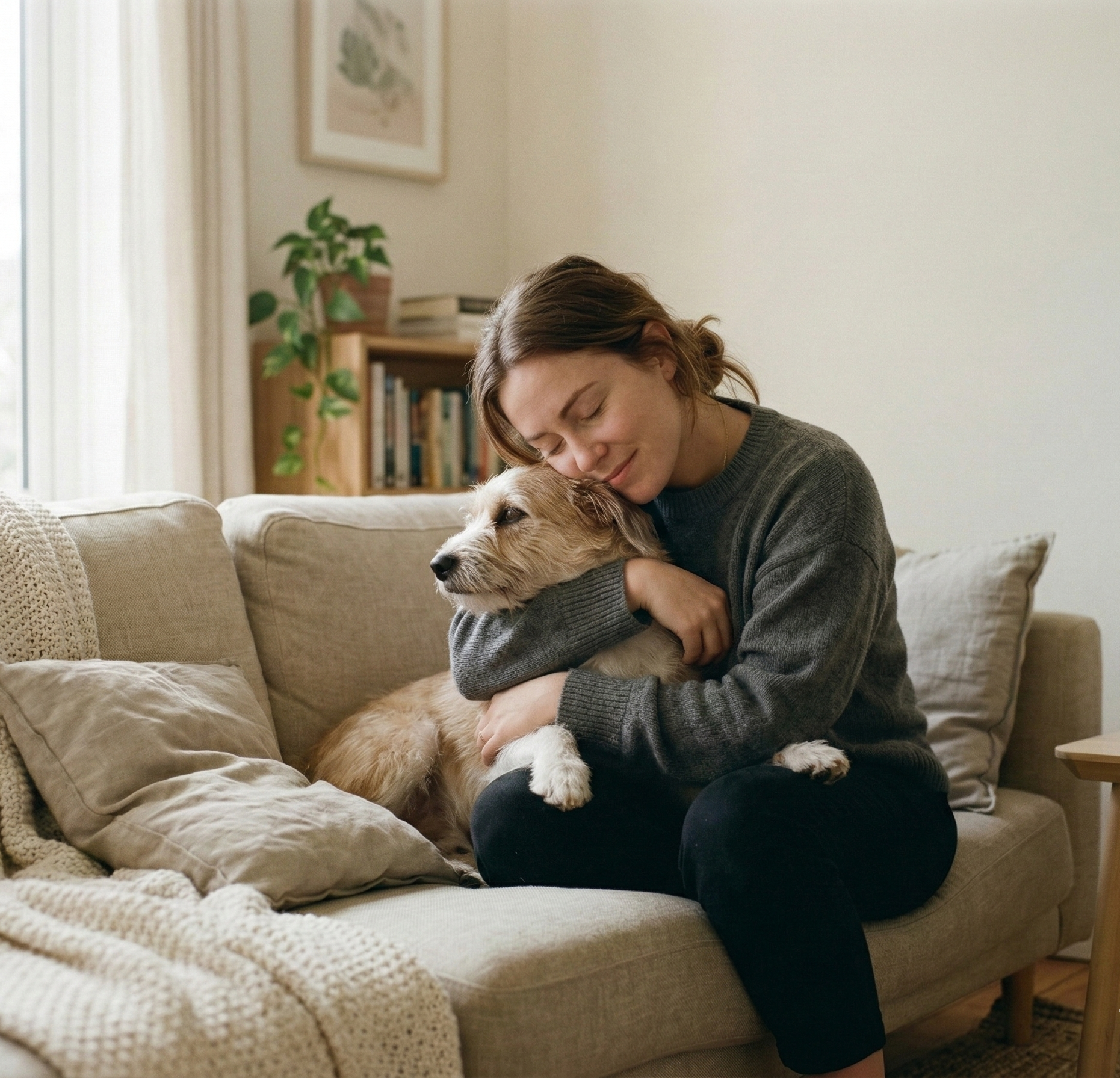 Persona abrazando con ternura a su perro en un espacio cálido y sereno